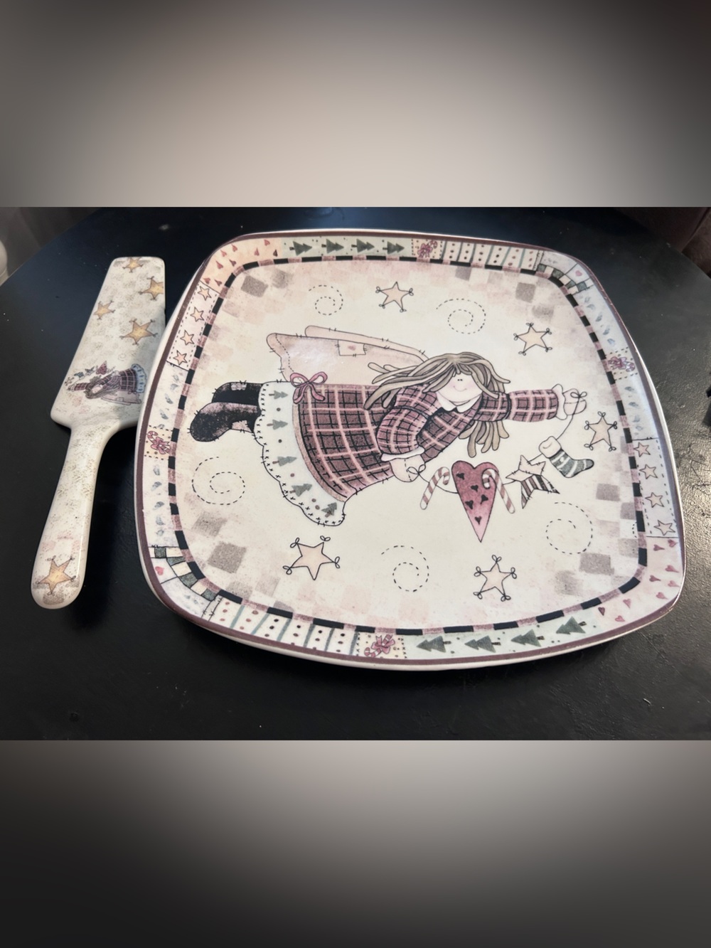 Source Unknown Pink and Cream Holiday Girl Serving Plate with Server primitive v